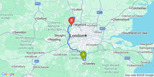 Map: London Gatwick Airport (LGW) to London - Croxley Green