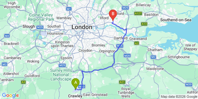Map: London Gatwick Airport (LGW) to London - Dagenham