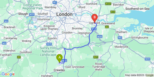 Map: London Gatwick Airport (LGW) to London - Dartford