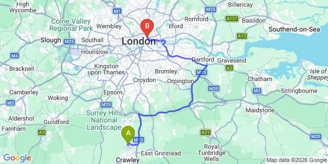 Map: London Gatwick Airport (LGW) to e1 bishopsgate