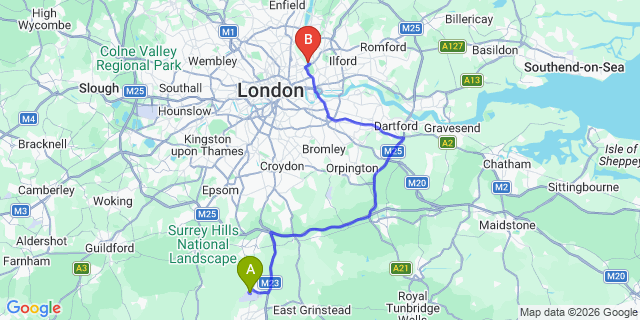 Map: London Gatwick Airport (LGW) to e10 hackney marshes