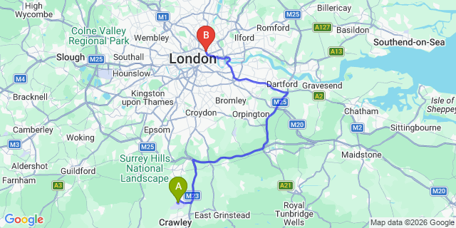 Map: London Gatwick Airport (LGW) to e1 shoreditch