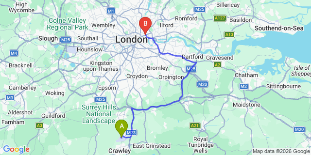 Map: London Gatwick Airport (LGW) to e1 stepney
