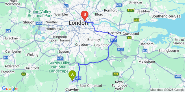 Map: London Gatwick Airport (LGW) to e1 whitechapel