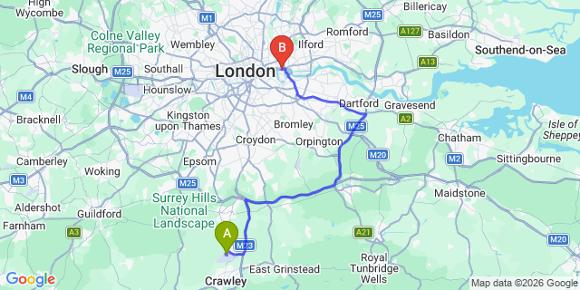 Map: London Gatwick Airport (LGW) to London E14