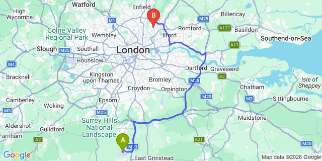 Map: London Gatwick Airport (LGW) to London E17