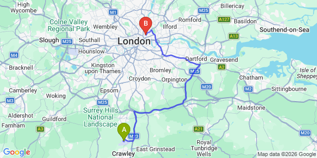 Map: London Gatwick Airport (LGW) to E2 Bethnal Green
