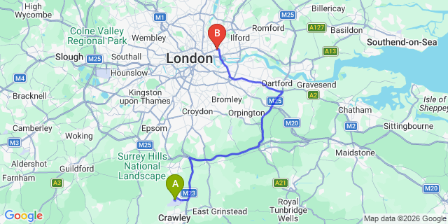 Map: London Gatwick Airport (LGW) to London E3
