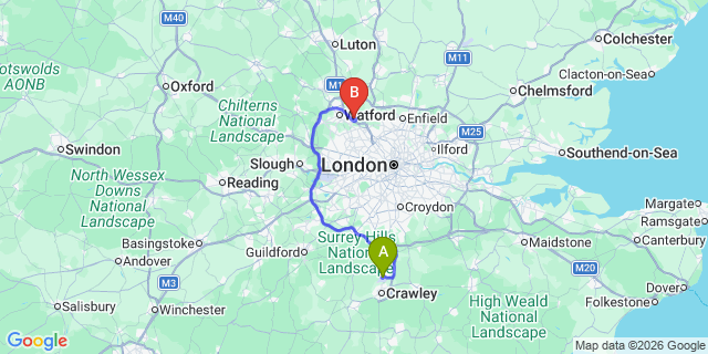 Map: London Gatwick Airport (LGW) to London - Elstree