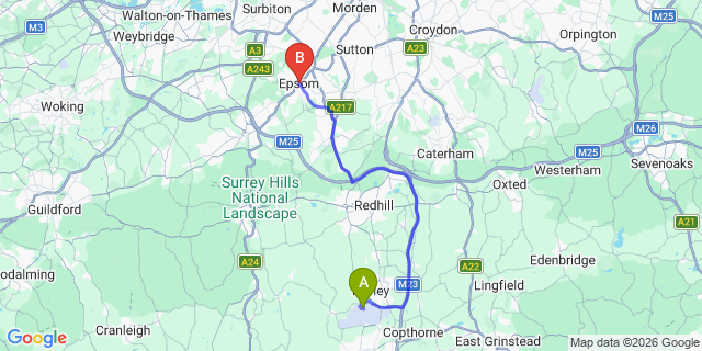 Map: London Gatwick Airport (LGW) to London - Epsom