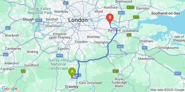 Map: London Gatwick Airport (LGW) to London - Erith