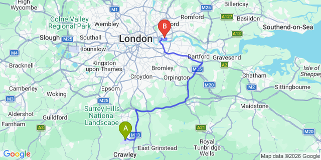 Map: London Gatwick Airport (LGW) to London - Excel