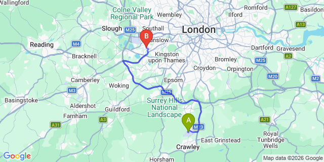 Map: London Gatwick Airport (LGW) to London - Feltham