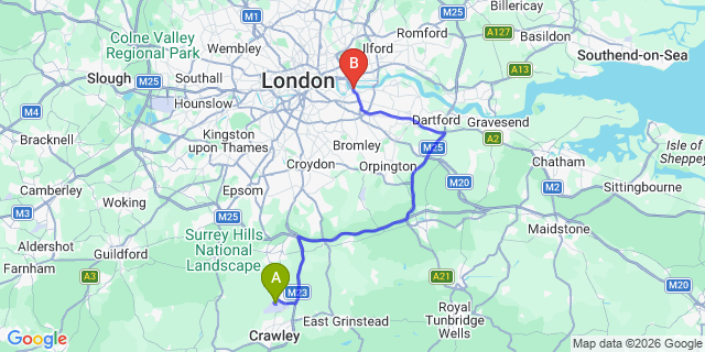 Map: London Gatwick Airport (LGW) to London - Greenwich