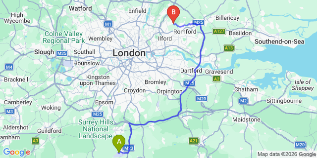 Map: London Gatwick Airport (LGW) to London - Hainault