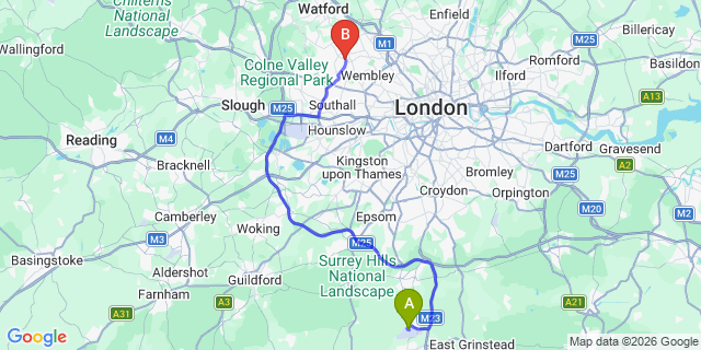 Map: London Gatwick Airport (LGW) to London - Harrow