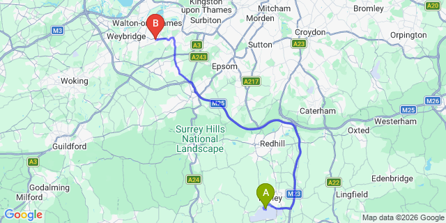 Map: London Gatwick Airport (LGW) to London - Hersham