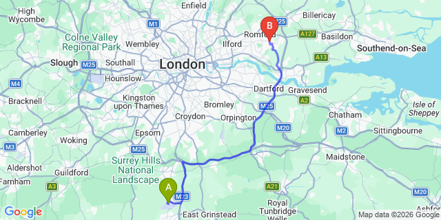 Map: London Gatwick Airport (LGW) to London - Hornchurch