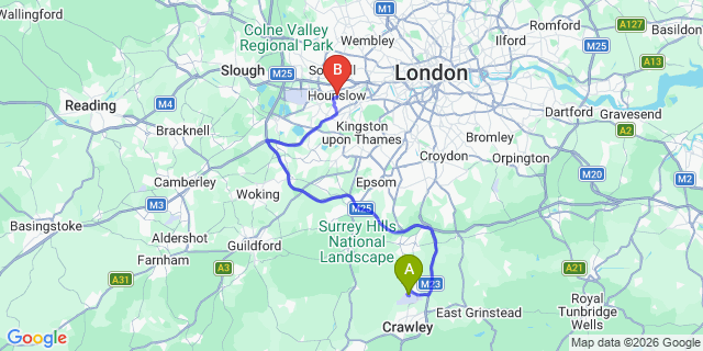 Map: London Gatwick Airport (LGW) to London - Hunslow