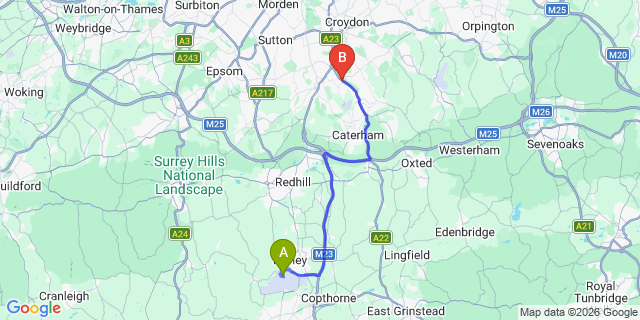 Map: London Gatwick Airport (LGW) to London - Kenley