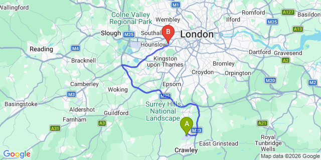Map: London Gatwick Airport (LGW) to London - Kew