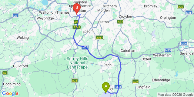 Map: London Gatwick Airport (LGW) to London - Long Ditton