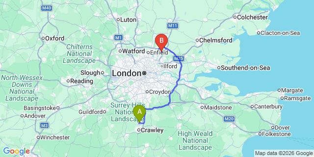 Map: London Gatwick Airport (LGW) to London - Loughton
