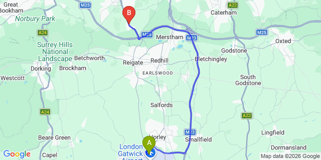 Map: London Gatwick Airport (LGW) to London - Lower Kingswood