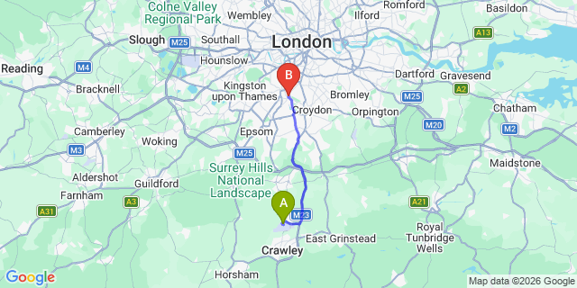 Map: London Gatwick Airport (LGW) to London - Mitcham