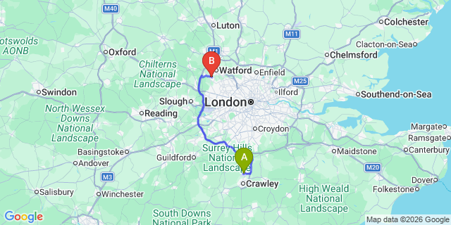 Map: London Gatwick Airport (LGW) to London - Moor Park