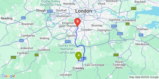 Map: London Gatwick Airport (LGW) to London - Morden