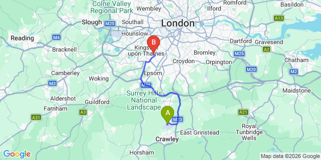 Map: London Gatwick Airport (LGW) to London - New Malden