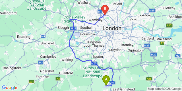Map: London Gatwick Airport (LGW) to London NW11