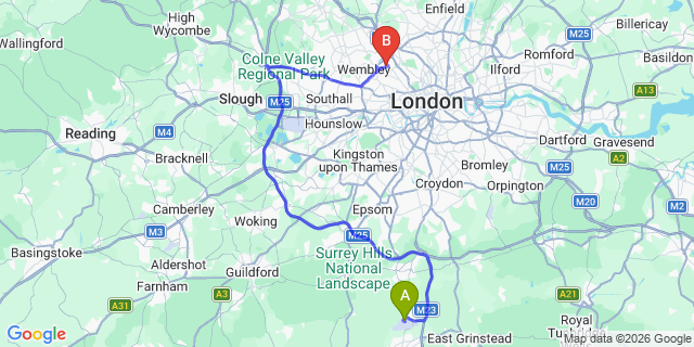 Map: London Gatwick Airport (LGW) to London NW2