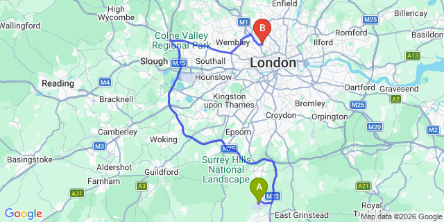 Map: London Gatwick Airport (LGW) to London NW3