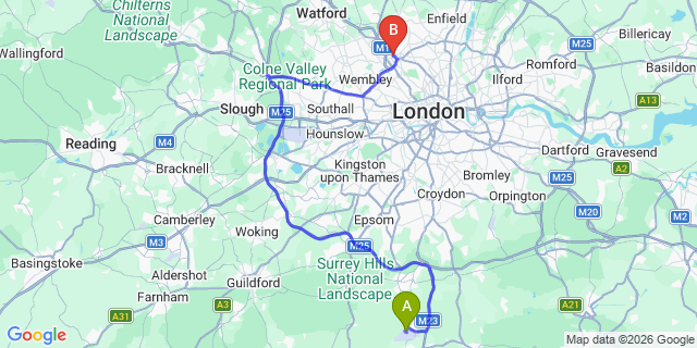 Map: London Gatwick Airport (LGW) to London NW4