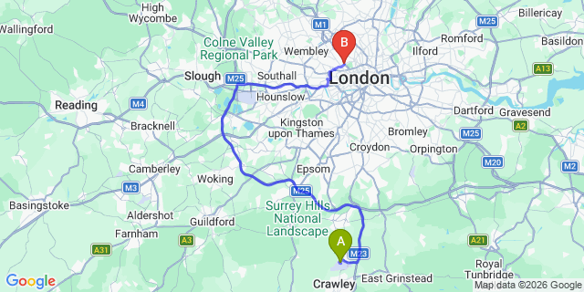 Map: London Gatwick Airport (LGW) to London NW8