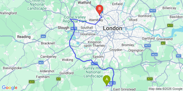 Map: London Gatwick Airport (LGW) to London NW9