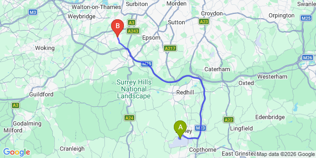 Map: London Gatwick Airport (LGW) to London - Oxshott