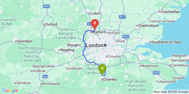 Map: London Gatwick Airport (LGW) to London - Radlett