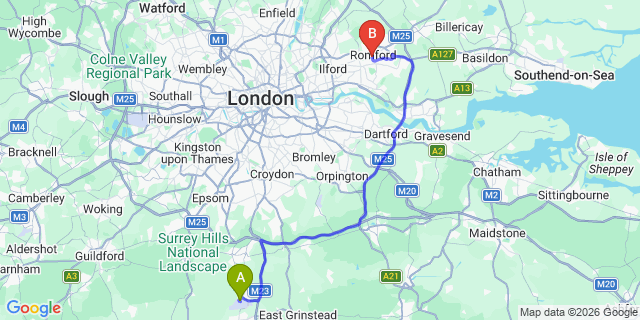 Map: London Gatwick Airport (LGW) to London - Romford