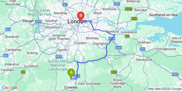 Map: London Gatwick Airport (LGW) to London SE1