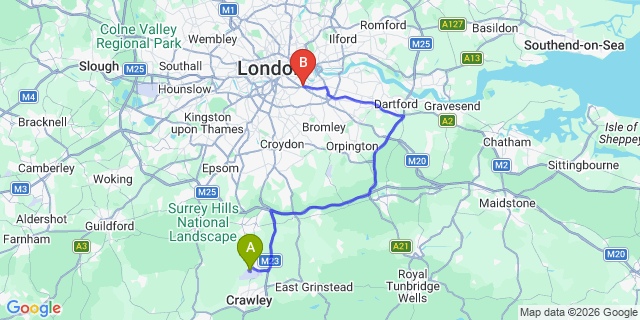 Map: London Gatwick Airport (LGW) to London SE14