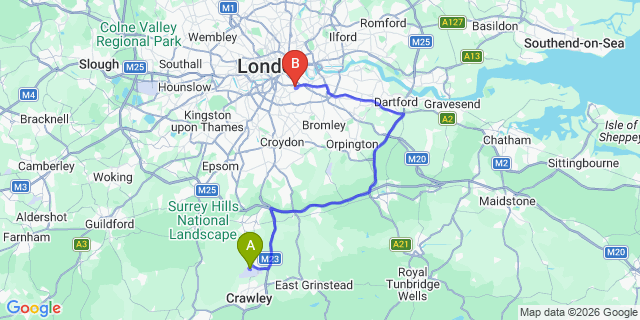 Map: London Gatwick Airport (LGW) to London SE15