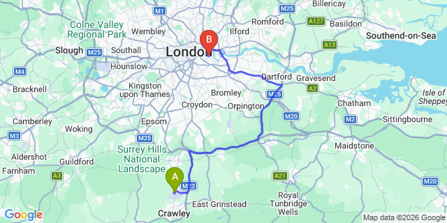 Map: London Gatwick Airport (LGW) to London SE16