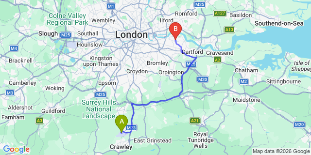 Map: London Gatwick Airport (LGW) to London SE2