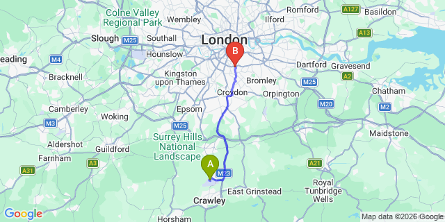 Map: London Gatwick Airport (LGW) to London SE21