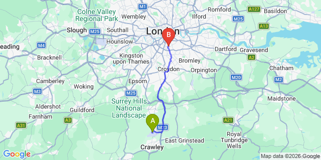Map: London Gatwick Airport (LGW) to London SE24