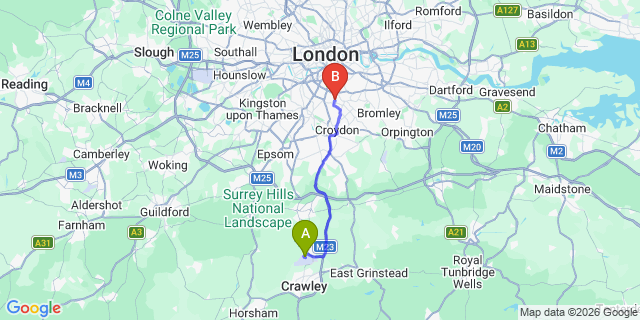 Map: London Gatwick Airport (LGW) to London SE27