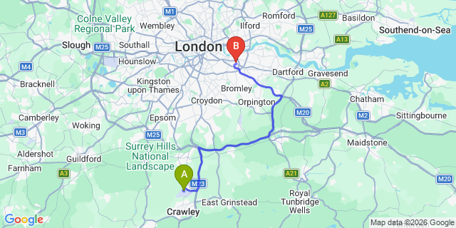 Map: London Gatwick Airport (LGW) to London SE3